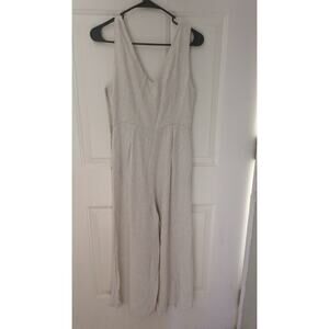 Ava Linen Beige/White Pants One Piece Romper, Size 8, Button, Natural, Neutral